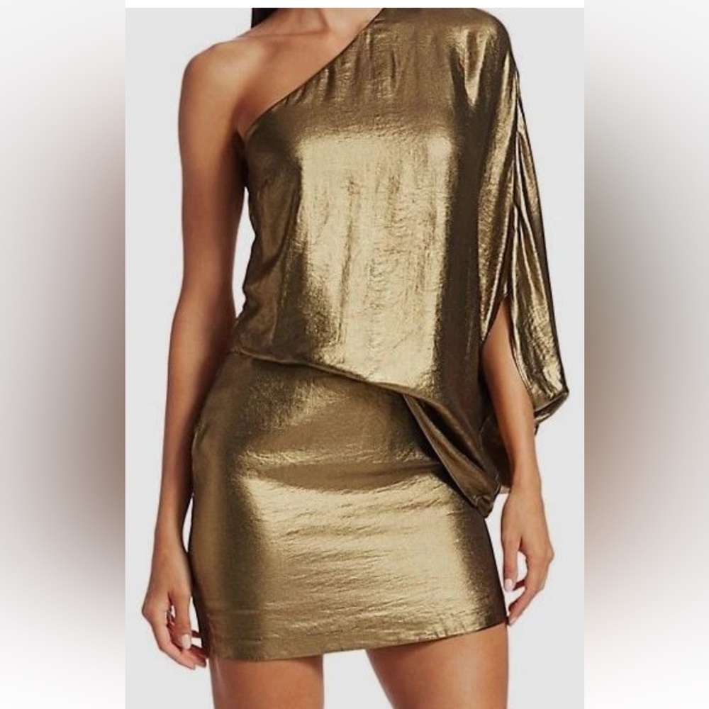 Halston Metallic One-Shoulder Drape Mini Dress In Gold Size 6
